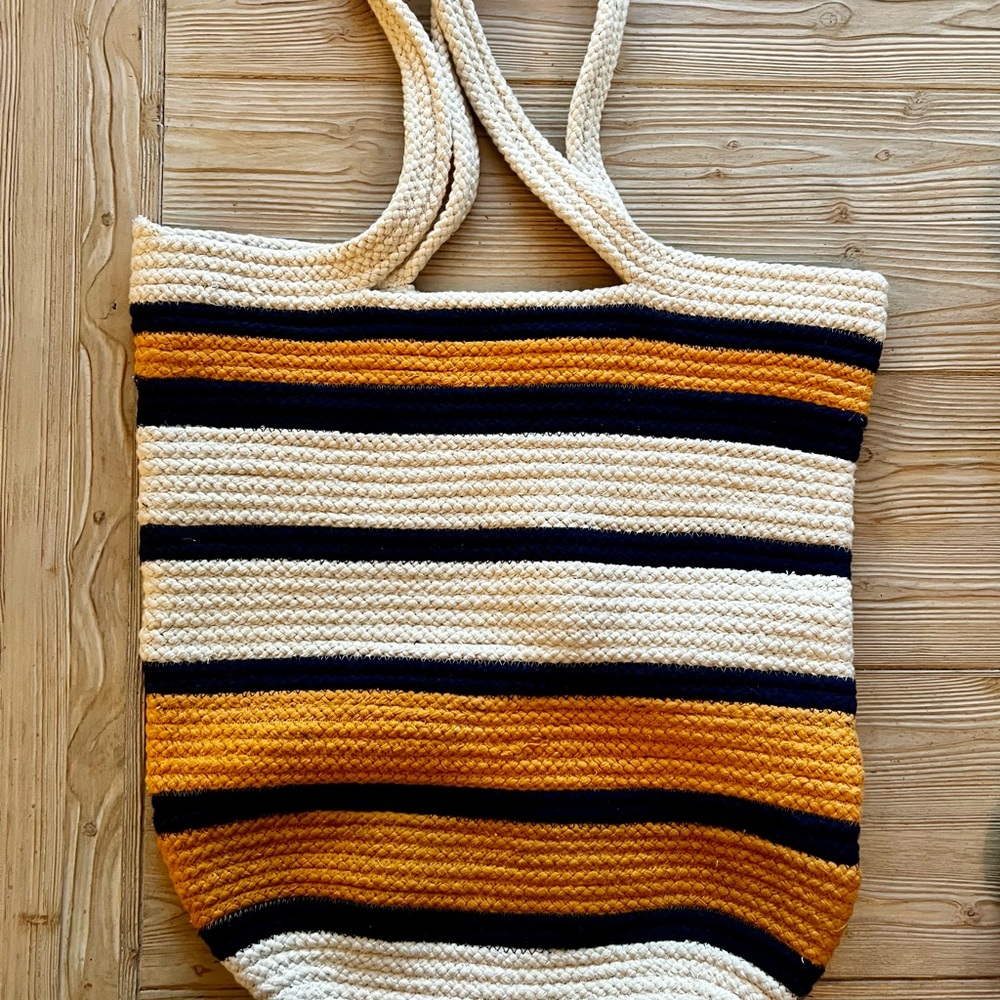Crosstree Lane 100% Cotton Striped Braided Tote | New | Mustard Navy Cream - Picture 2 of 4